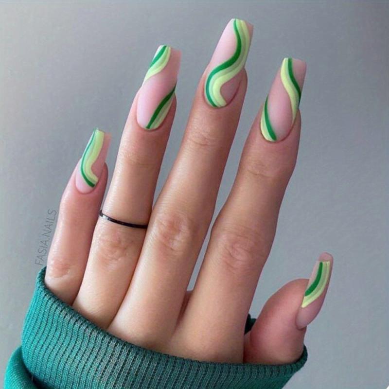 Stripe Press On Nails for Women - Medium Length Glossy Square Nail Tips
