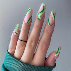 Stripe Press On Nails for Women - Medium Length Glossy Square Nail Tips