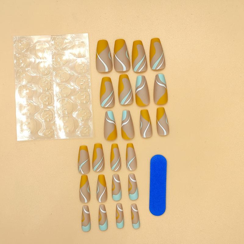 Stripe Press On Nails for Women - Medium Length Glossy Square Nail Tips