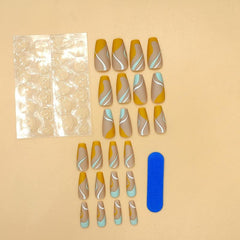 Stripe Press On Nails for Women - Medium Length Glossy Square Nail Tips