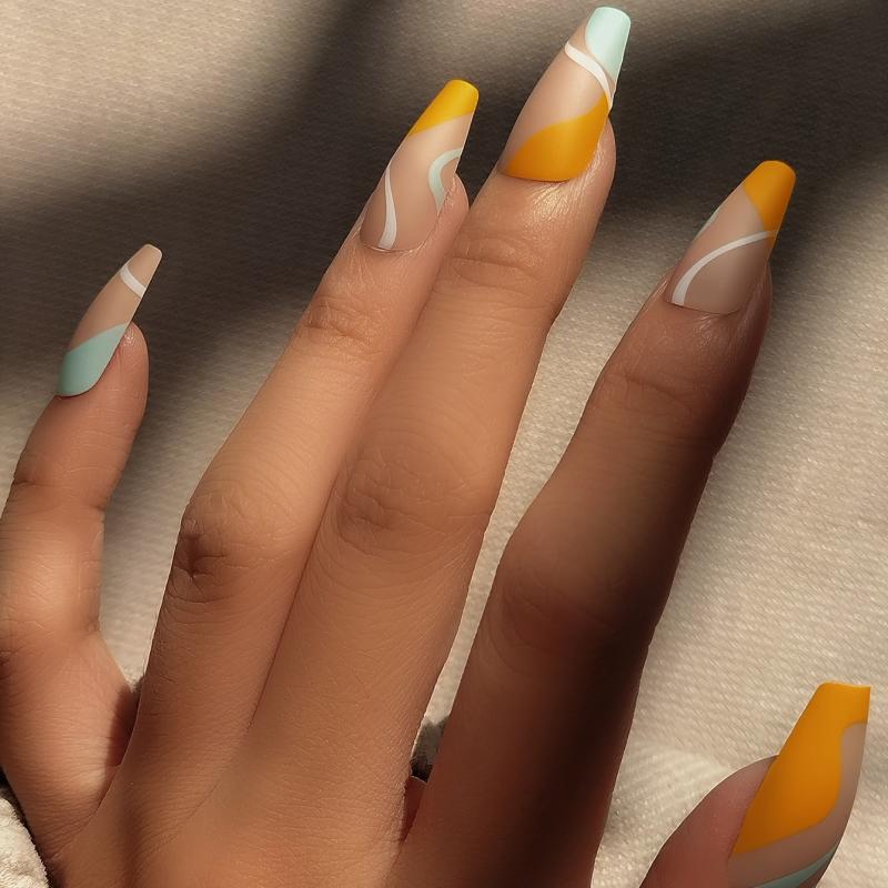 Stripe Press On Nails for Women - Medium Length Glossy Square Nail Tips