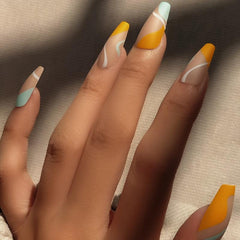Stripe Press On Nails for Women - Medium Length Glossy Square Nail Tips