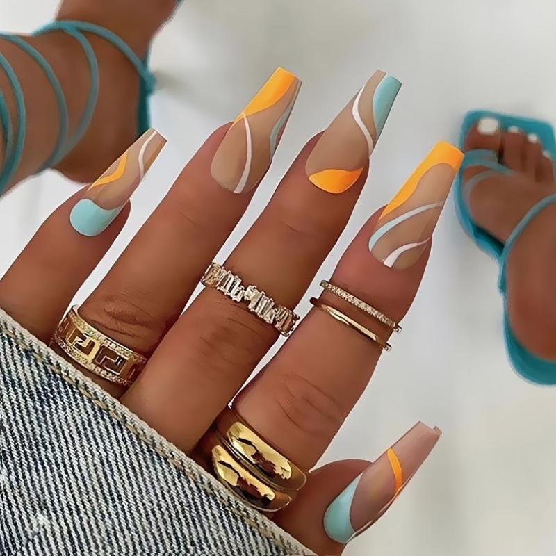 Stripe Press On Nails for Women - Medium Length Glossy Square Nail Tips