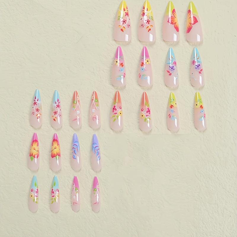 24pcs Long Almond Shape Nail Art Set with Flowers & Graffiti for Parties Dances
