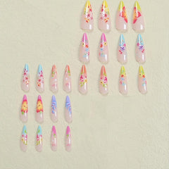 24pcs Long Almond Shape Nail Art Set with Flowers & Graffiti for Parties Dances