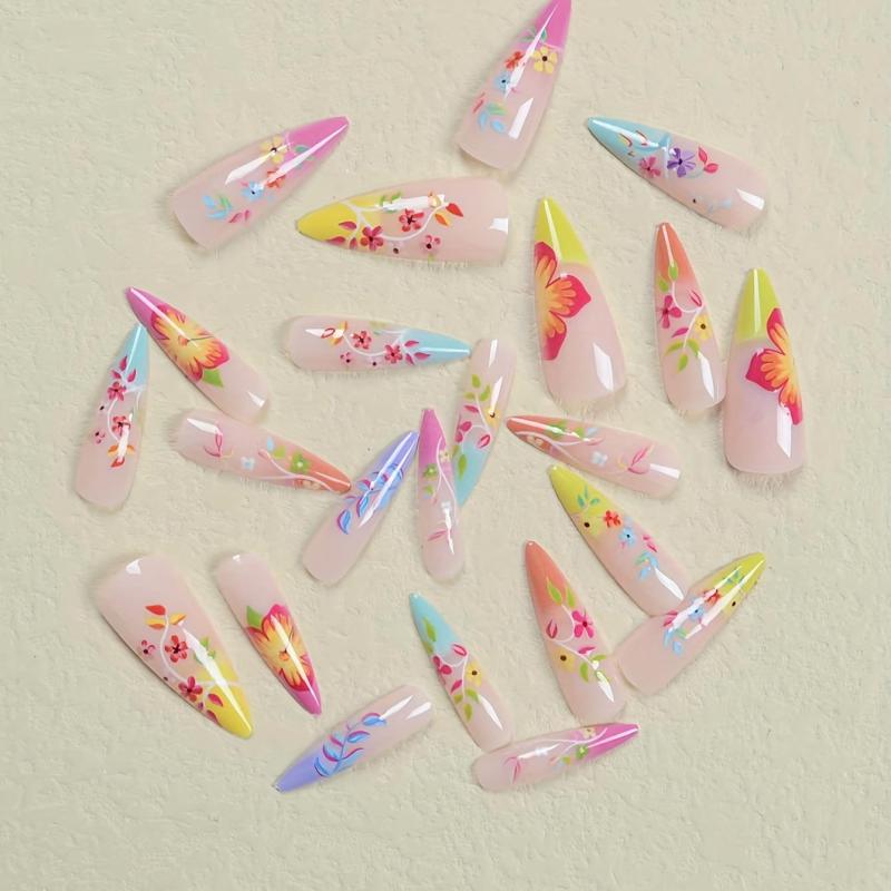 24pcs Long Almond Shape Nail Art Set with Flowers & Graffiti for Parties Dances