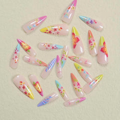 24pcs Long Almond Shape Nail Art Set with Flowers & Graffiti for Parties Dances