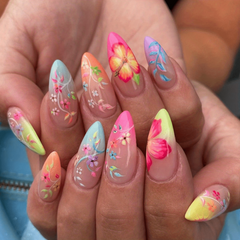 24pcs Long Almond Shape Nail Art Set with Flowers & Graffiti for Parties Dances