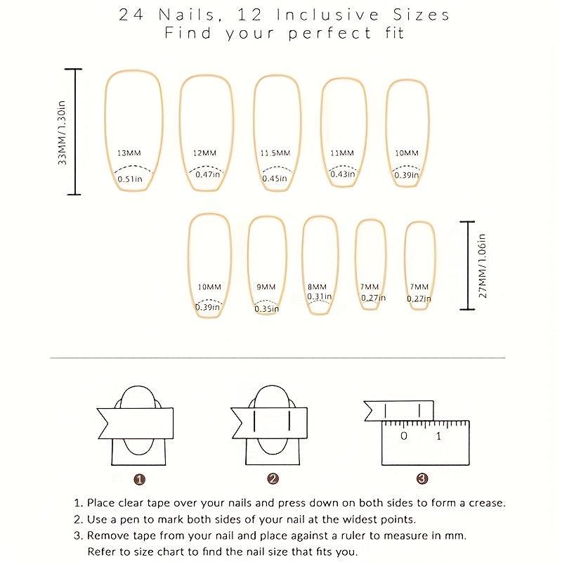 Pink French False Nails With Rhinestones Press On 24pcs