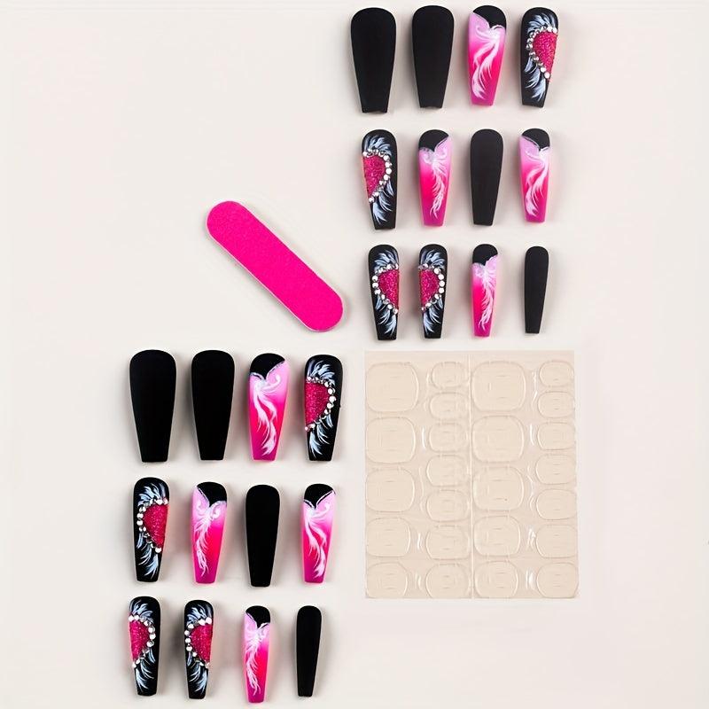 Pink French False Nails With Rhinestones Press On 24pcs