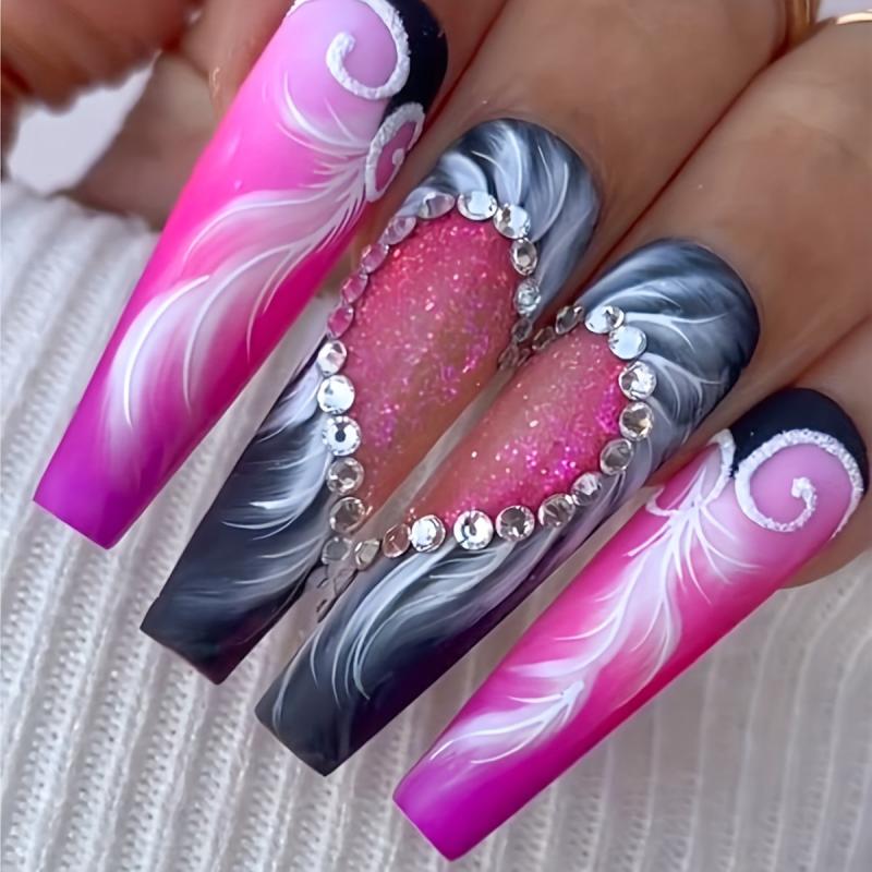Pink French False Nails With Rhinestones Press On 24pcs