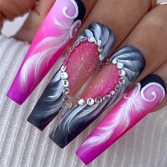 Pink French False Nails With Rhinestones Press On 24pcs