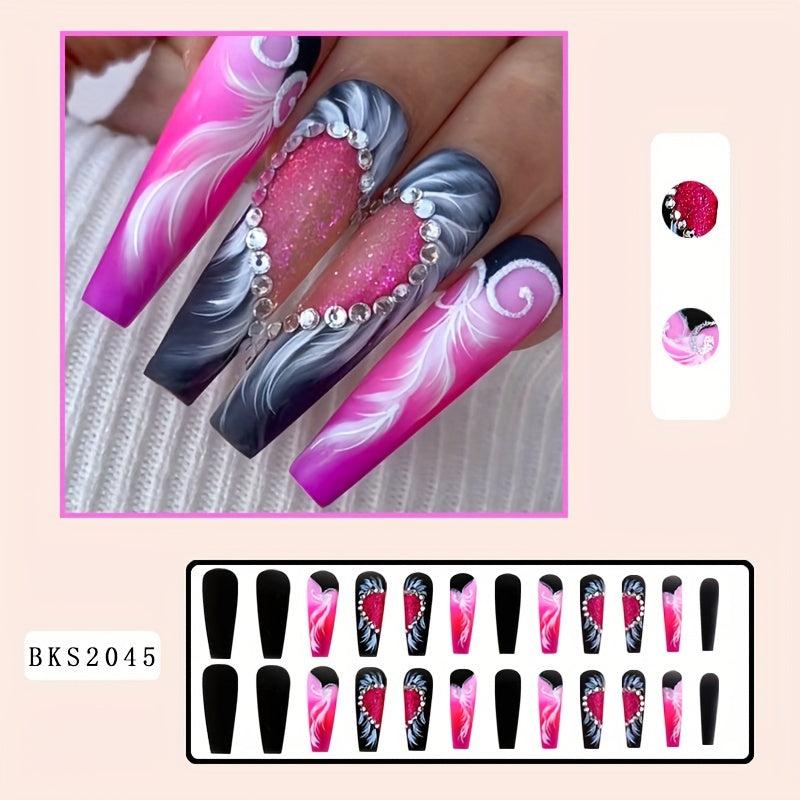 Pink French False Nails With Rhinestones Press On 24pcs