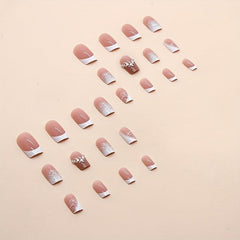 24pcs Nude Pink Rhinestone French Tip Press On Nails Full Cover Artificial Nails