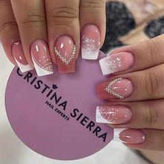 24pcs Nude Pink Rhinestone French Tip Press On Nails Full Cover Artificial Nails