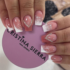 24pcs Nude Pink Rhinestone French Tip Press On Nails Full Cover Artificial Nails