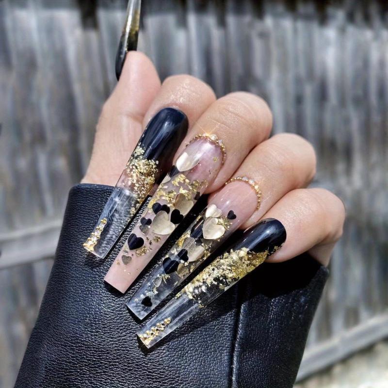 24 pcs Golden Glitter Press On Nails Y2K Style Almond Shape False Nails