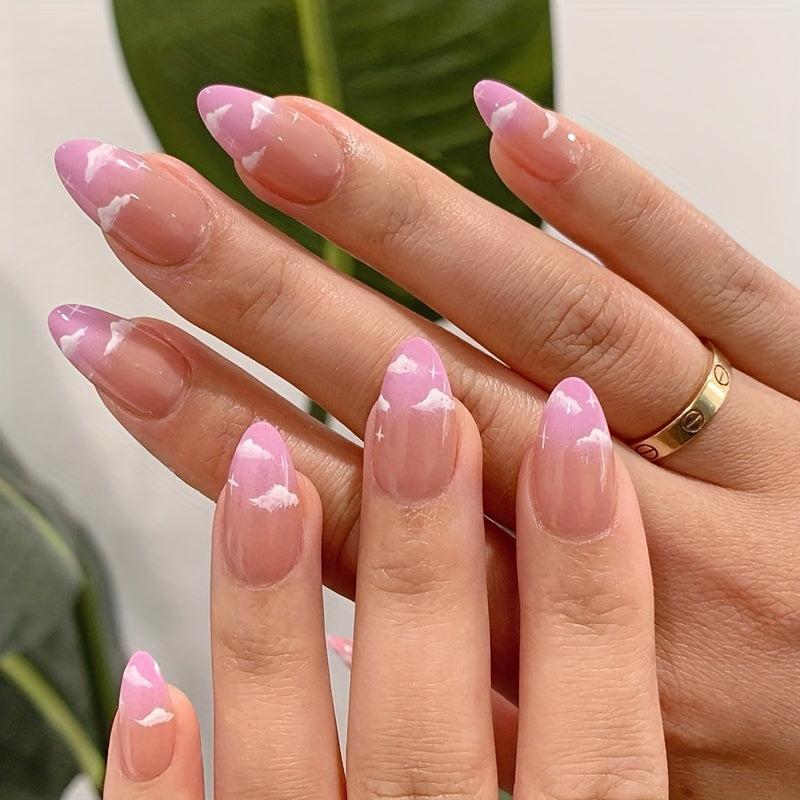 24pcs Glossy Clouds Stiletto Press On Nails French Y2K Style + File