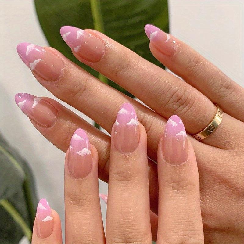 24pcs Glossy Clouds Stiletto Press On Nails French Y2K Style + File