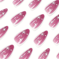 24pcs Purple Glitter Long Press On Nails w/ Star Full Cover Oval False Nails