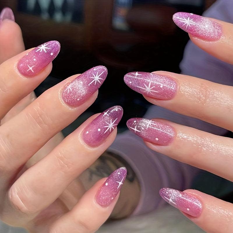 24pcs Purple Glitter Long Press On Nails w/ Star Full Cover Oval False Nails