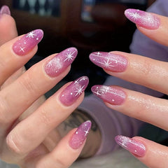 24pcs Purple Glitter Long Press On Nails w/ Star Full Cover Oval False Nails