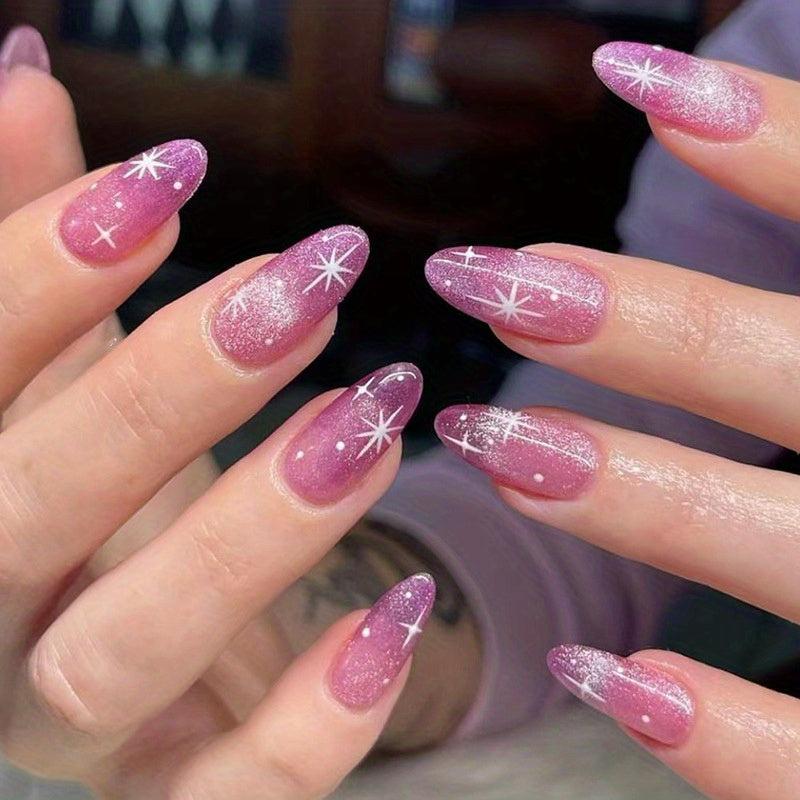 24pcs Purple Glitter Long Press On Nails w/ Star Full Cover Oval False Nails