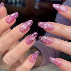 24pcs Purple Glitter Long Press On Nails w/ Star Full Cover Oval False Nails