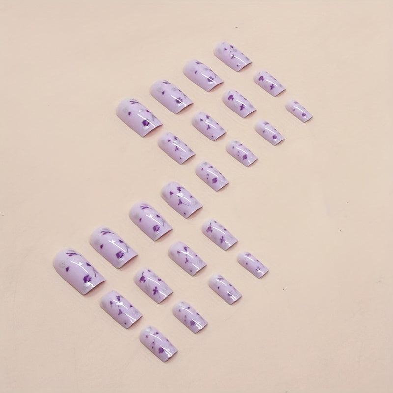 24pcs Purple Flower False Nails with Glue & File