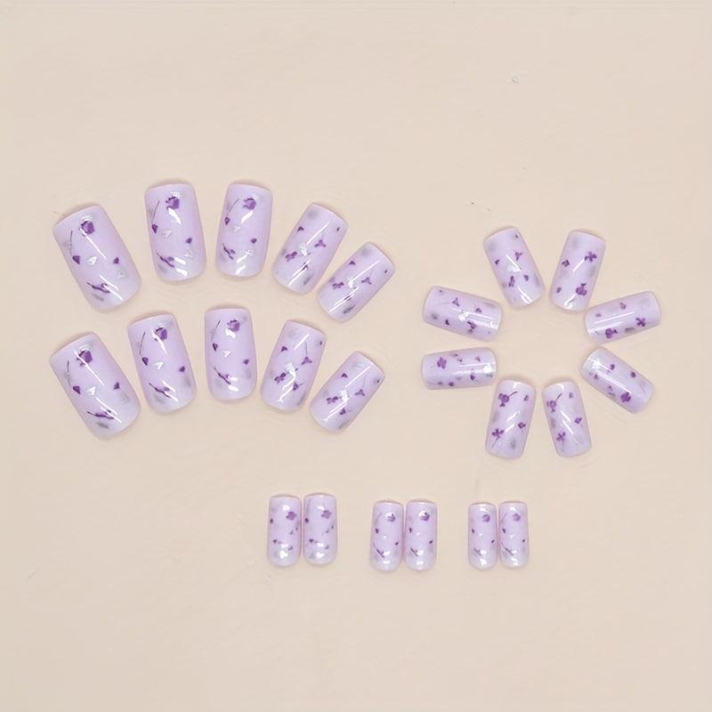 24pcs Purple Flower False Nails with Glue & File