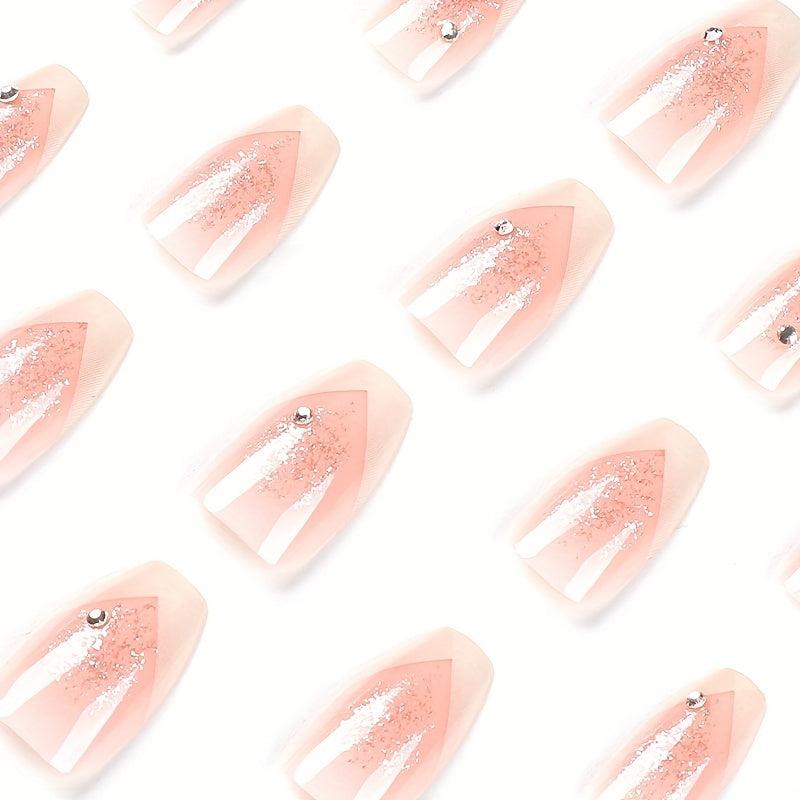 24pcs Rhinestone French Edge Pink False Nails for Women Full Cover Medium Square