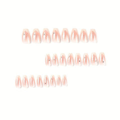 24pcs Rhinestone French Edge Pink False Nails for Women Full Cover Medium Square