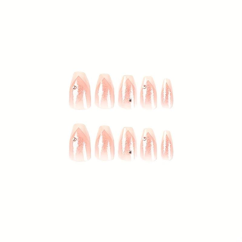 24pcs Rhinestone French Edge Pink False Nails for Women Full Cover Medium Square