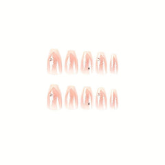 24pcs Rhinestone French Edge Pink False Nails for Women Full Cover Medium Square