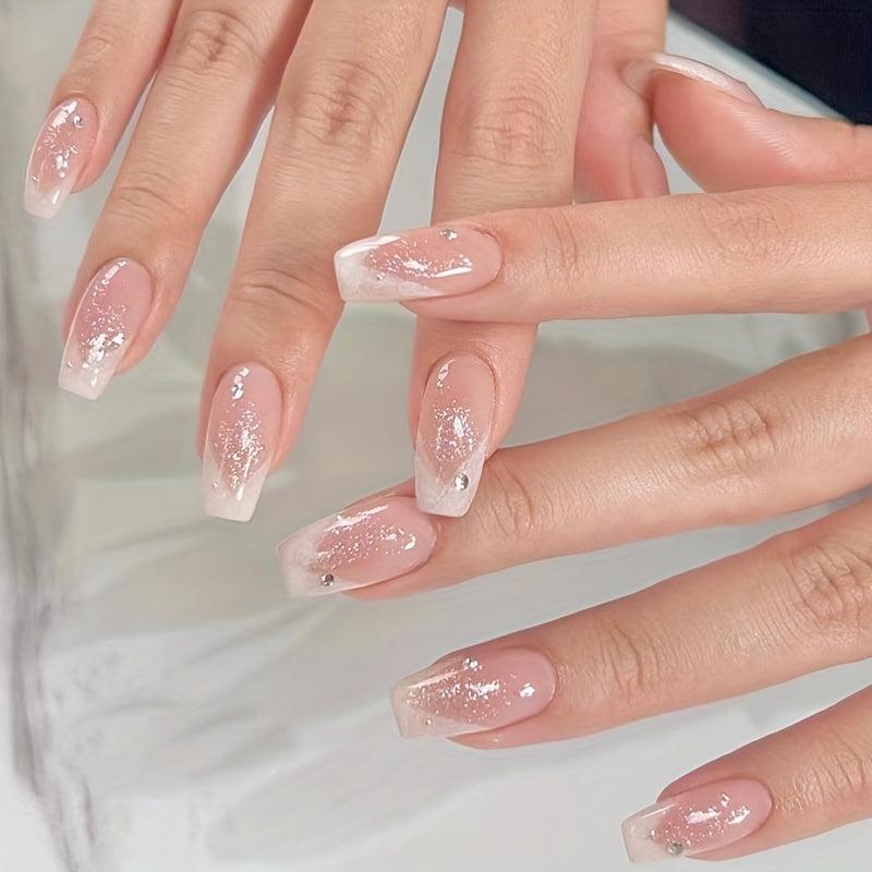 24pcs Rhinestone French Edge Pink False Nails for Women Full Cover Medium Square
