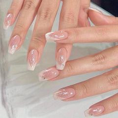 24pcs Rhinestone French Edge Pink False Nails for Women Full Cover Medium Square