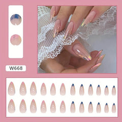 24pcs French Tip Press On Nails with Colorful Foil Stick Ons Nude Pink Nails