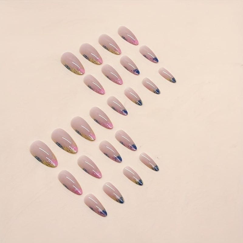 24pcs French Tip Press On Nails with Colorful Foil Stick Ons Nude Pink Nails