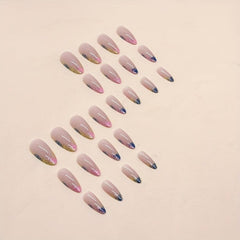 24pcs French Tip Press On Nails with Colorful Foil Stick Ons Nude Pink Nails