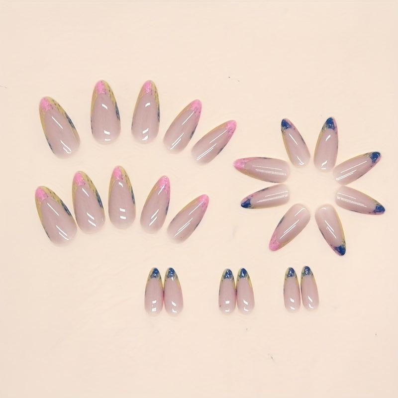 24pcs French Tip Press On Nails with Colorful Foil Stick Ons Nude Pink Nails