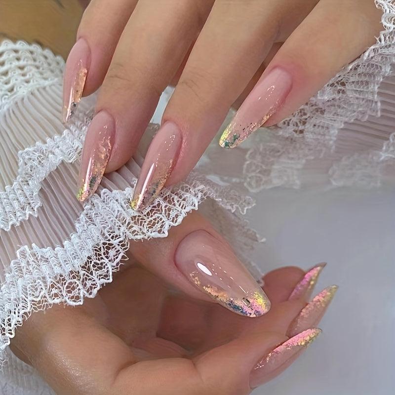24pcs French Tip Press On Nails with Colorful Foil Stick Ons Nude Pink Nails