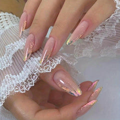 24pcs French Tip Press On Nails with Colorful Foil Stick Ons Nude Pink Nails