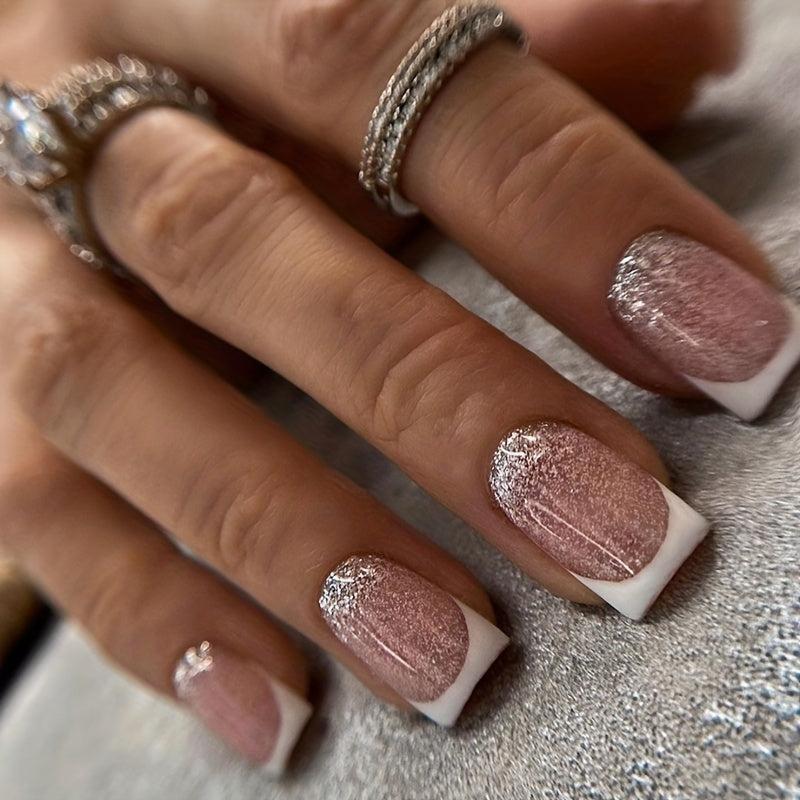 96 pcs Glitter French Tip Press On Nails with Leaves - Nude Pink Set