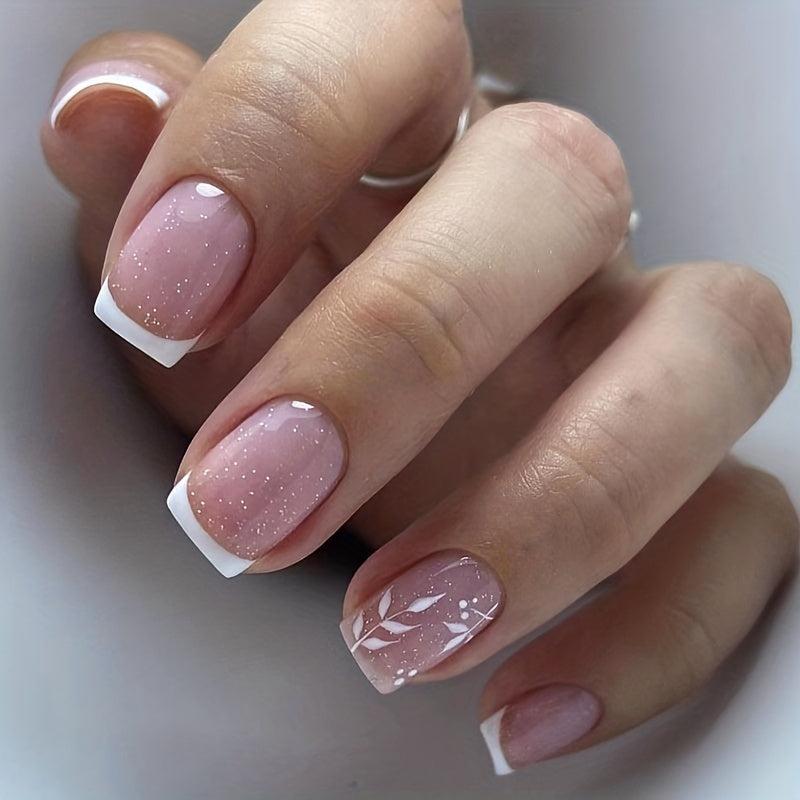 96 pcs Glitter French Tip Press On Nails with Leaves - Nude Pink Set