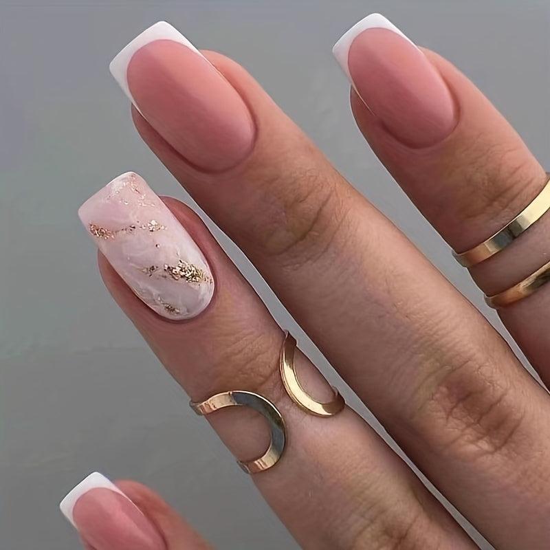 96 pcs Glitter French Tip Press On Nails with Leaves - Nude Pink Set