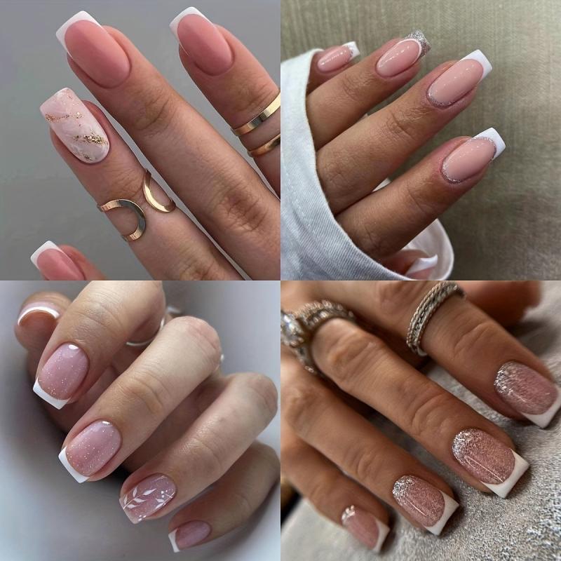 96 pcs Glitter French Tip Press On Nails with Leaves - Nude Pink Set