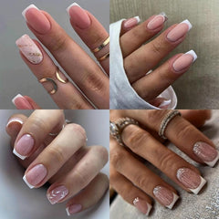 96 pcs Glitter French Tip Press On Nails with Leaves - Nude Pink Set