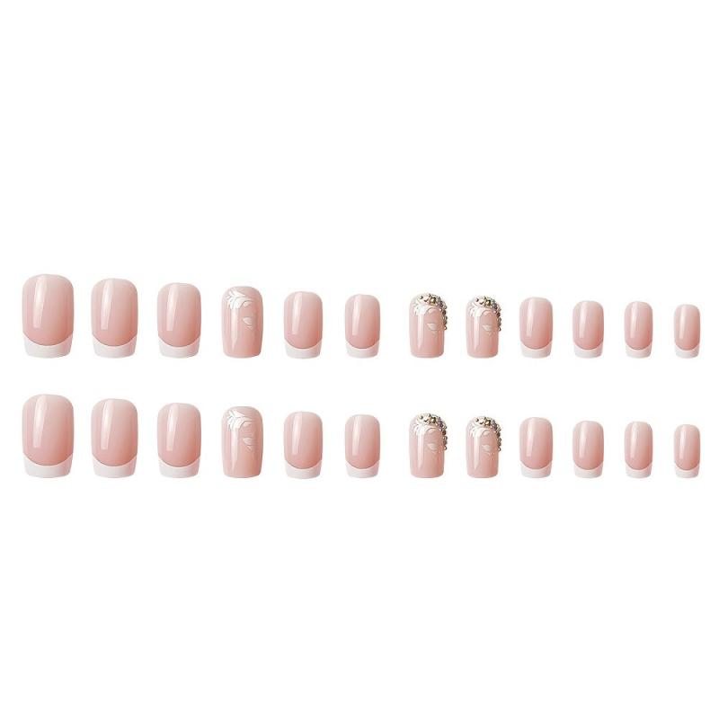 24pcs Nude Pink Press On Nails French Edge Flower Rhinestone False Nails