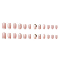 24pcs Nude Pink Press On Nails French Edge Flower Rhinestone False Nails