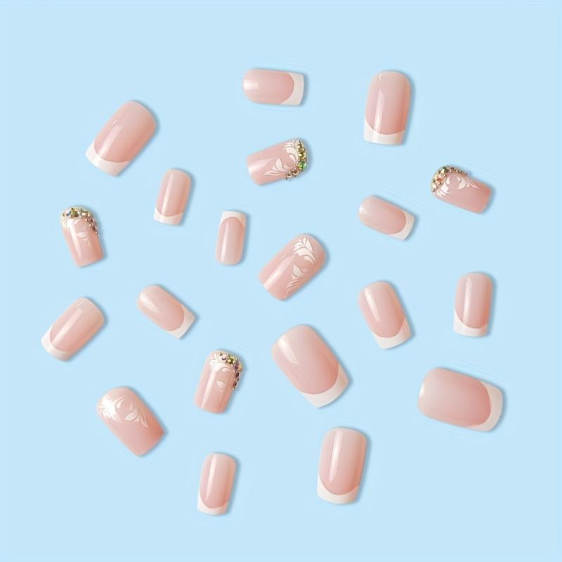 24pcs Nude Pink Press On Nails French Edge Flower Rhinestone False Nails